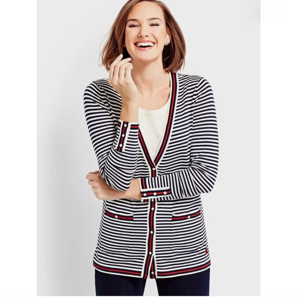 Talbots X Oprah Magazine Navy white and Red Pearl Button Cardigan. Medium